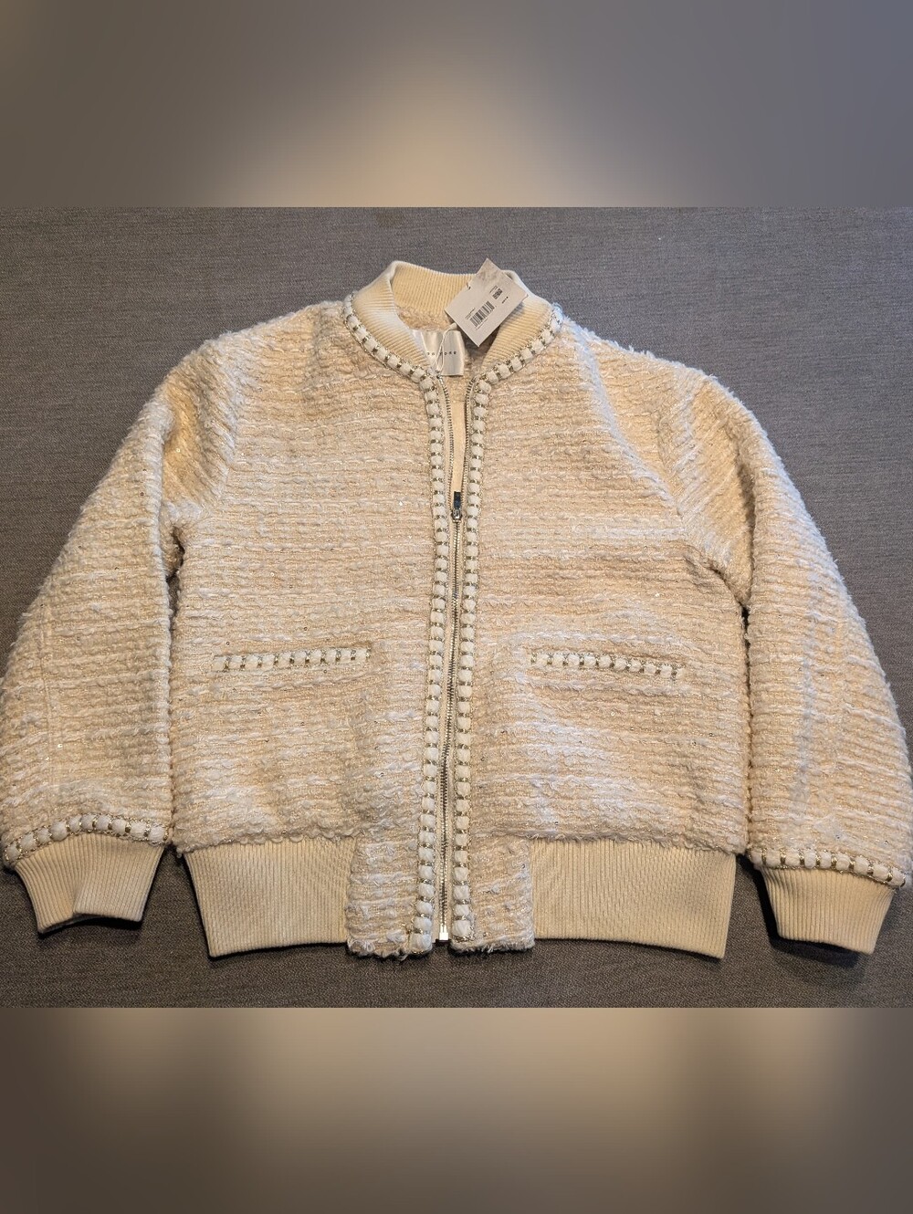 Endless Rose Ivory Gold Metallic Tweed Bomber Jacket Womens Size XSmall NWT